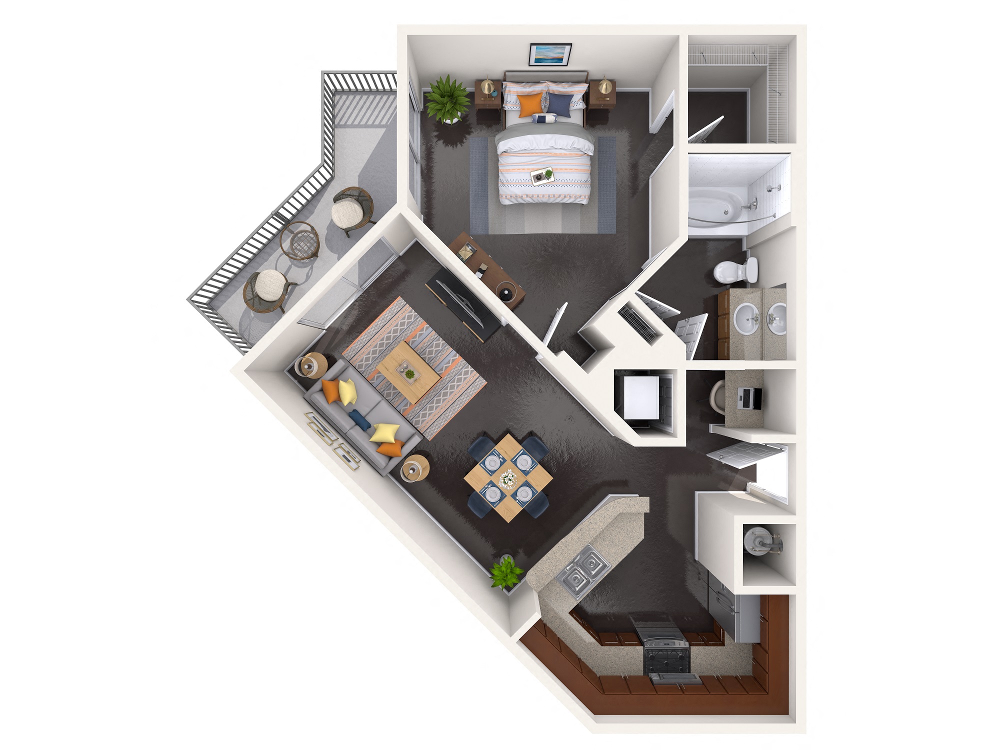 Floor plan for 1 bed, 1 bath, 717 sqft